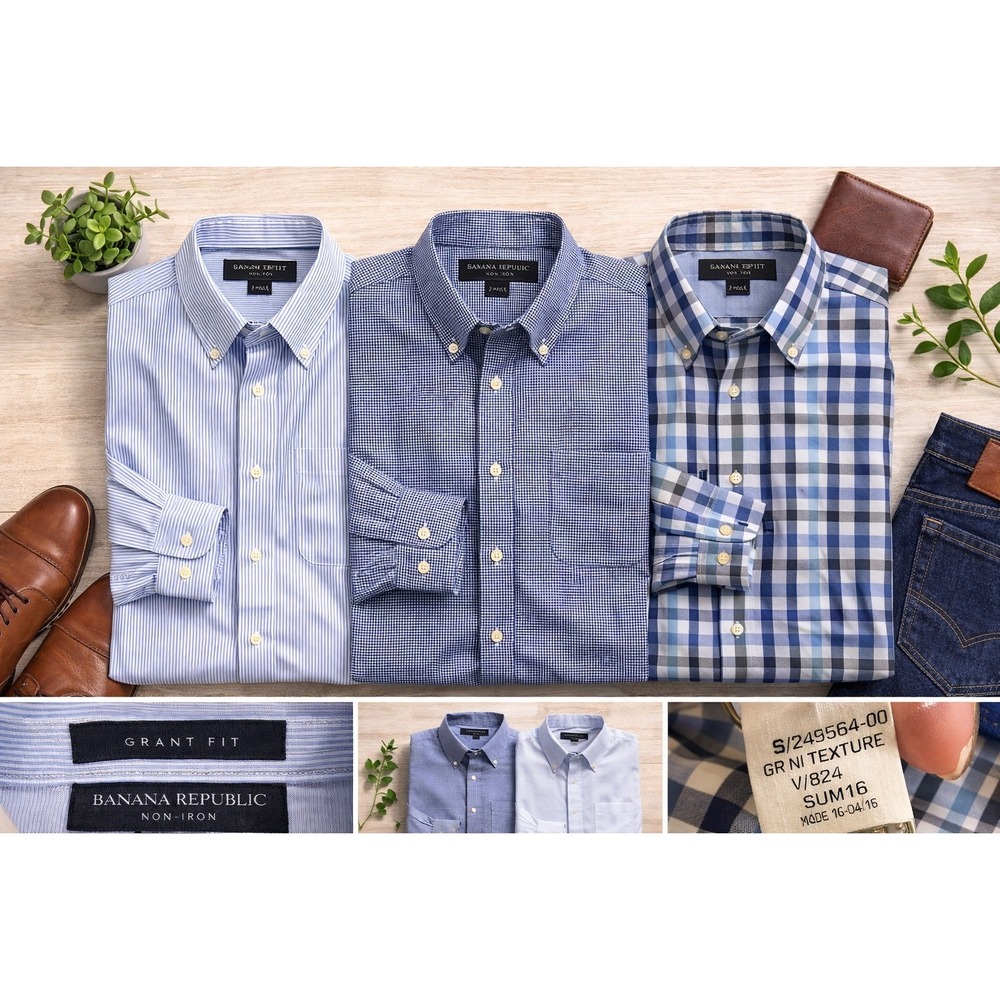 Banana Republic Grant Fit Non-Iron Shirts Lot of 3 Large 16-16½‎ Blue Stripe